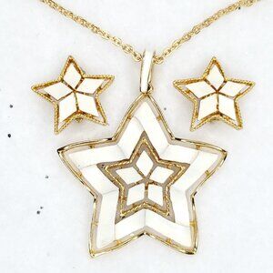 Vintage Star Pendant Necklace Clip Earring Set White Gold Tone Statement